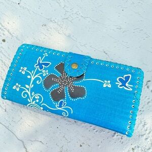 Turquoise Floral Wallet Western Boho Snap Clutch